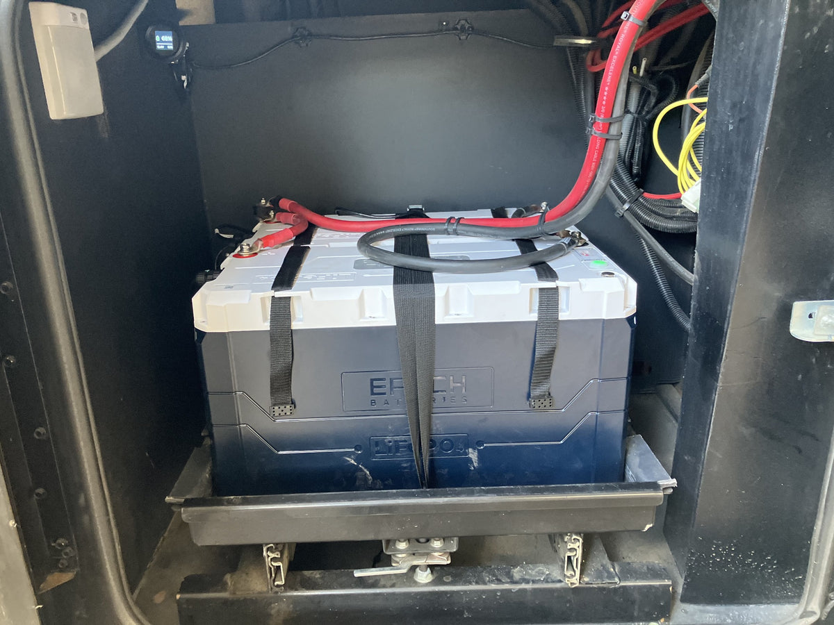 Two Epoch batteries fitted in a factory RV battery tray